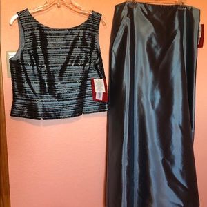 Slate blue/gray formal top and skirt set with chrome beading